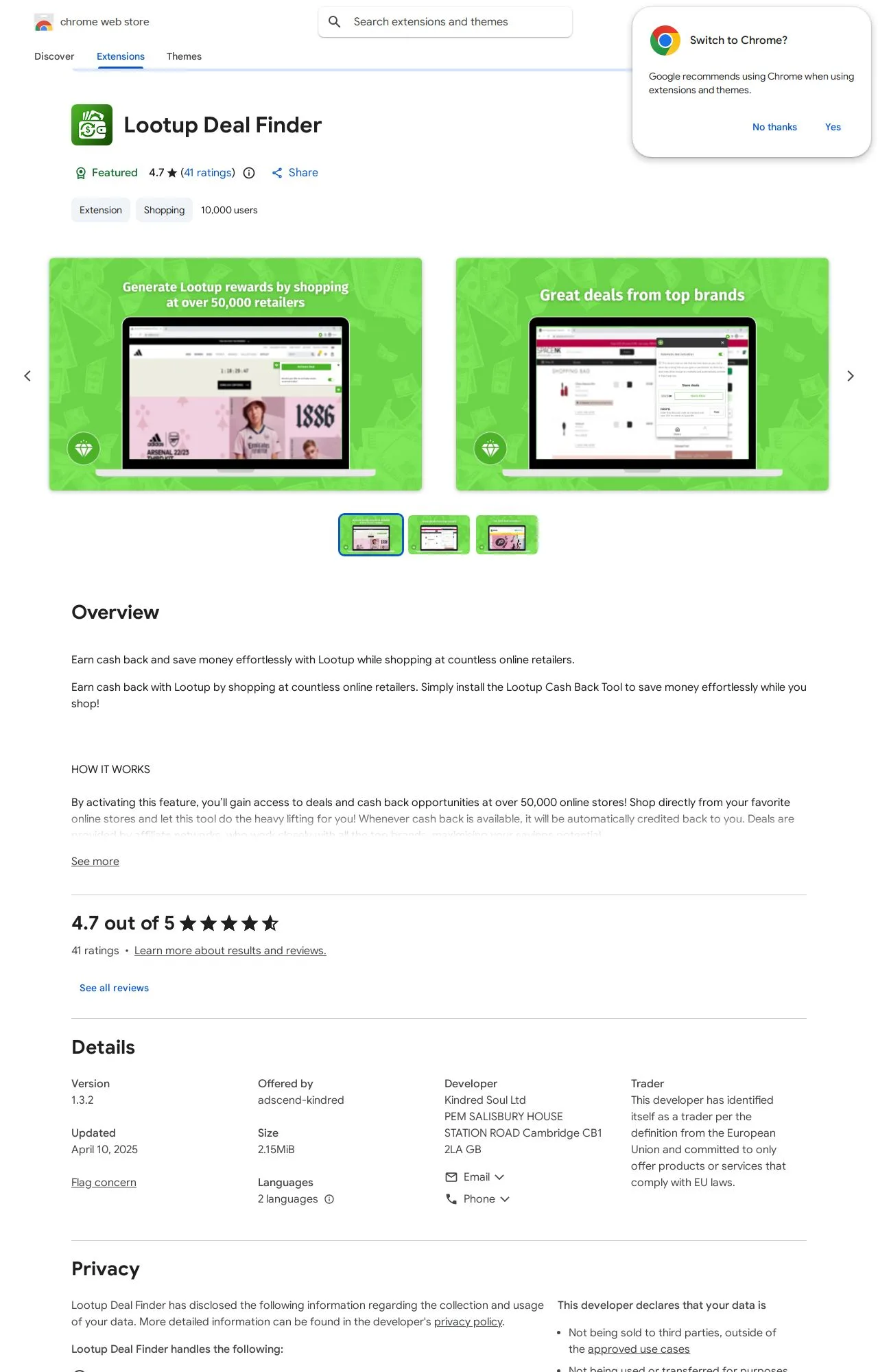 Lootup Deal Finder listing on the Chrome Web Store