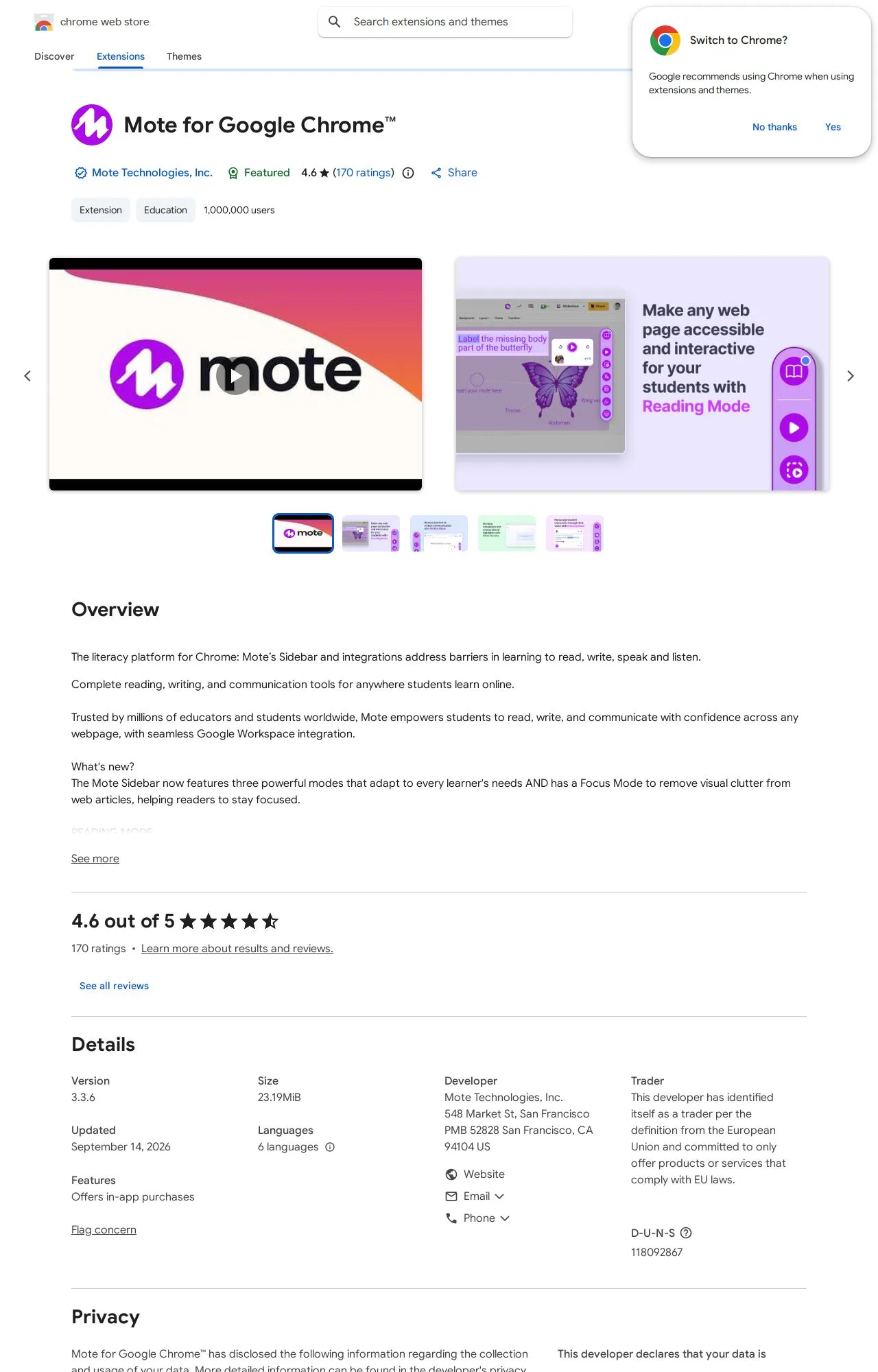 Mote for Google Chrome listing on the Chrome Web Store