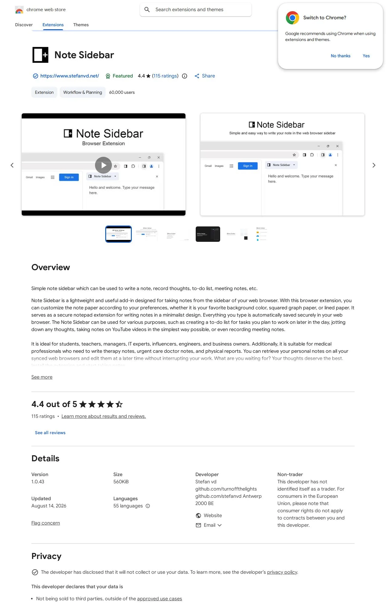 Note Sidebar listing on the Chrome Web Store