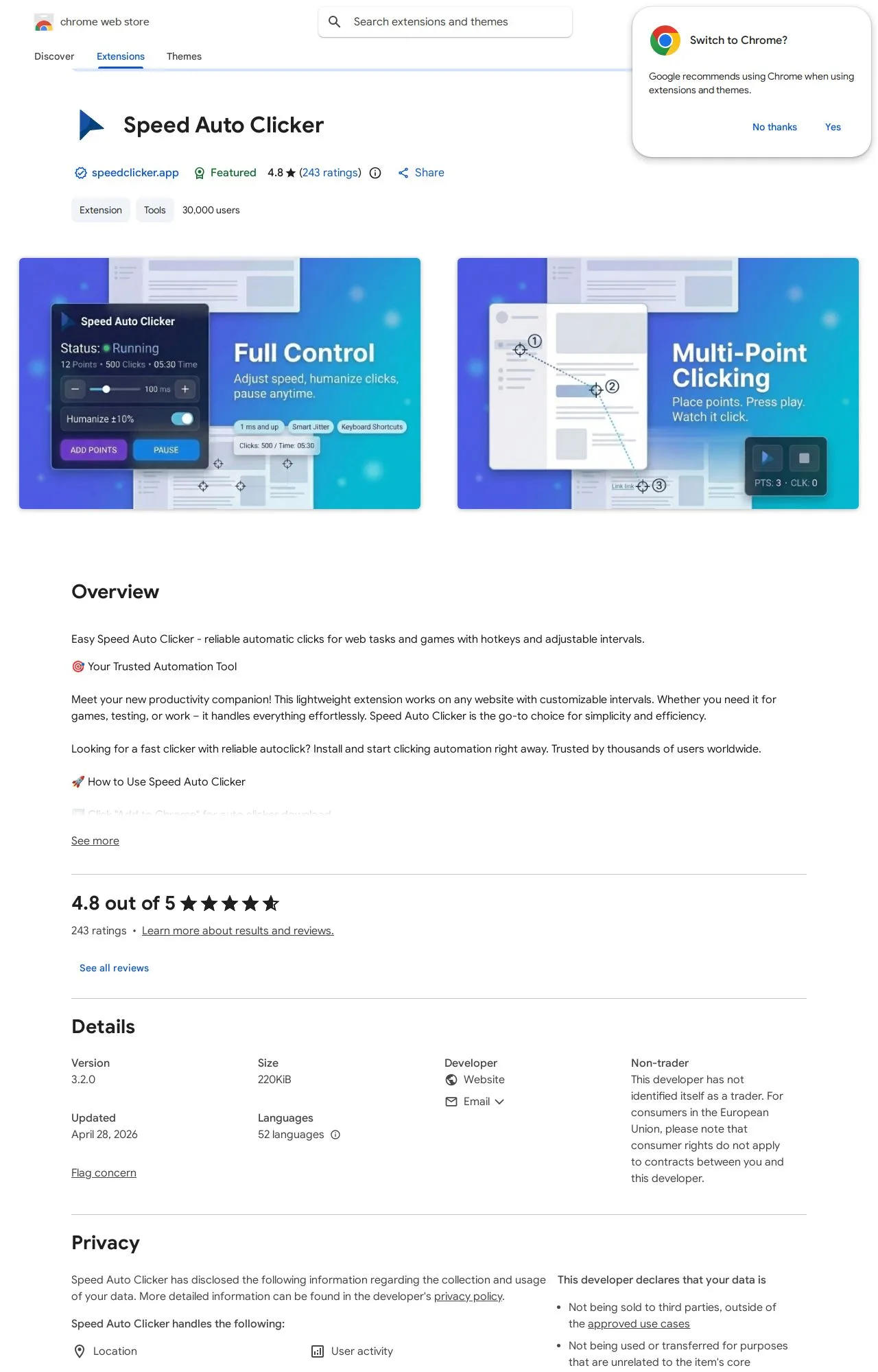Speed Auto Clicker listing on the Chrome Web Store