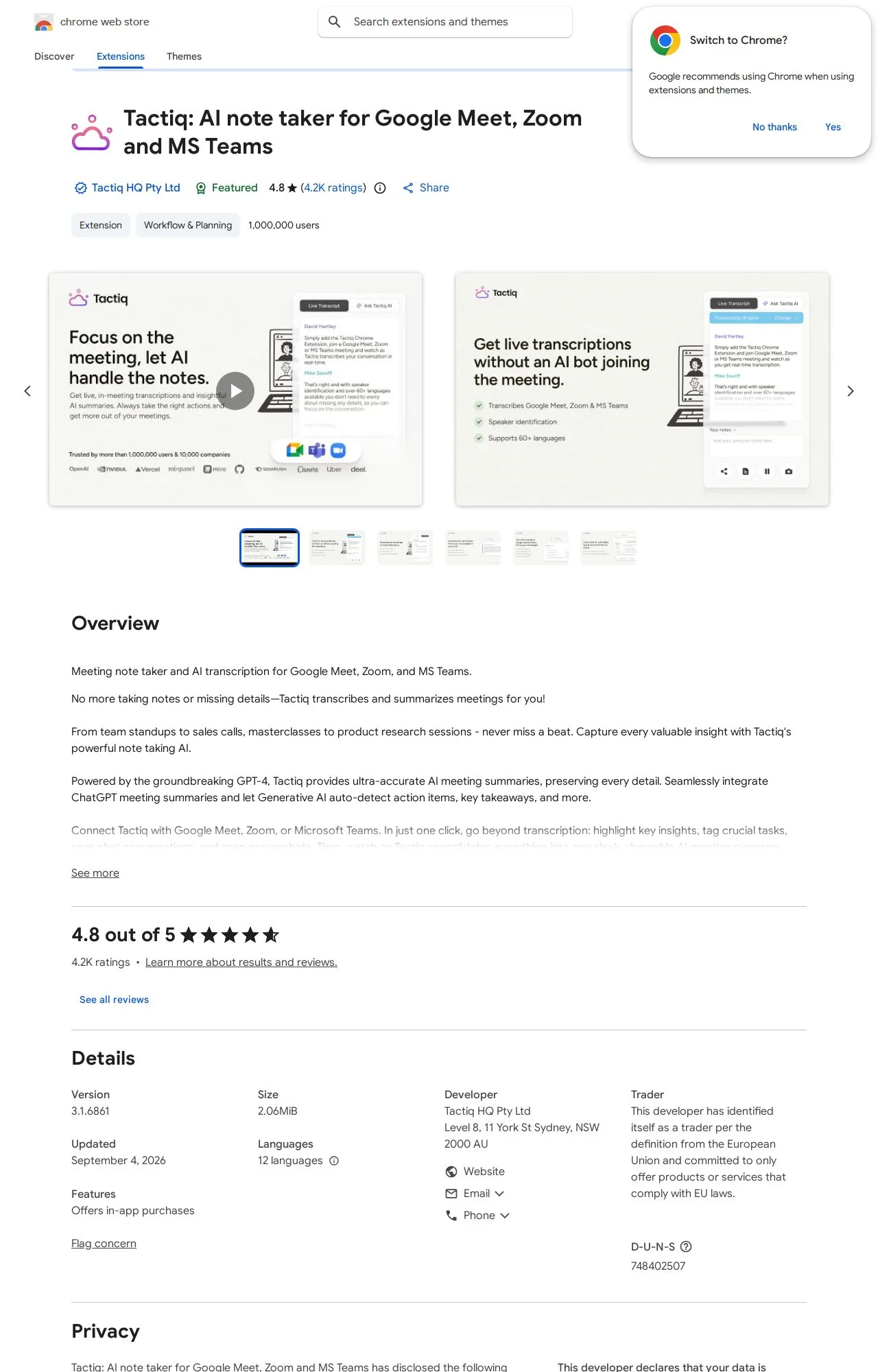 Tactiq: AI note taker for Google Meet, Zoom and MS Teams listing on the Chrome Web Store